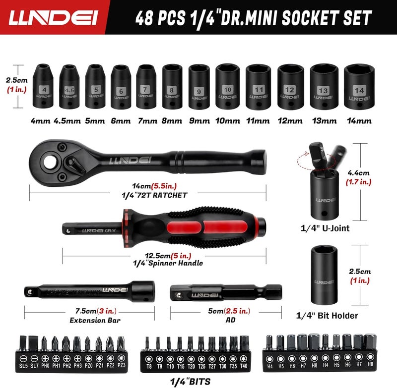 LLNDEI 48 Piece 1/4 Inch Mini Socket Ratchet Wrench Set, Metric Shallow Socket (4-14mm) 6-Point,with 72 Teeth Mini Ratcheting Wrench, Screwdriver Bit Set, Universal Joints and 3 Inch Extensions - Image 2